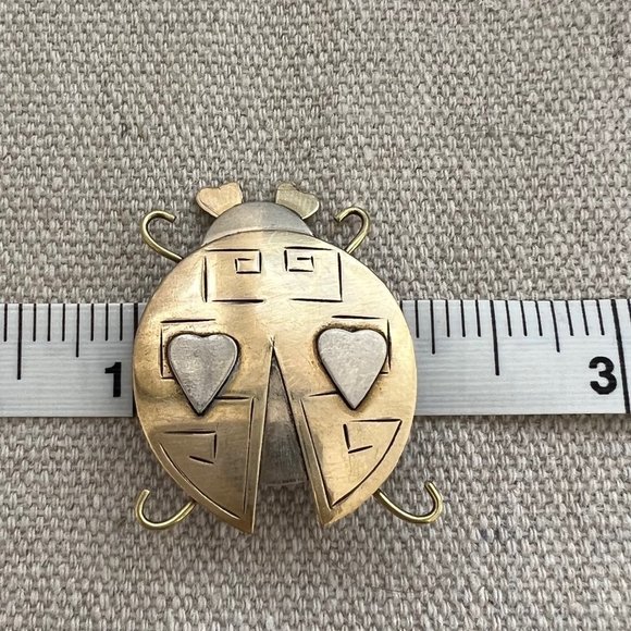Vintage Brass and Silver Tone Etched Heart Ladybug Brooch - Picture 7 of 7